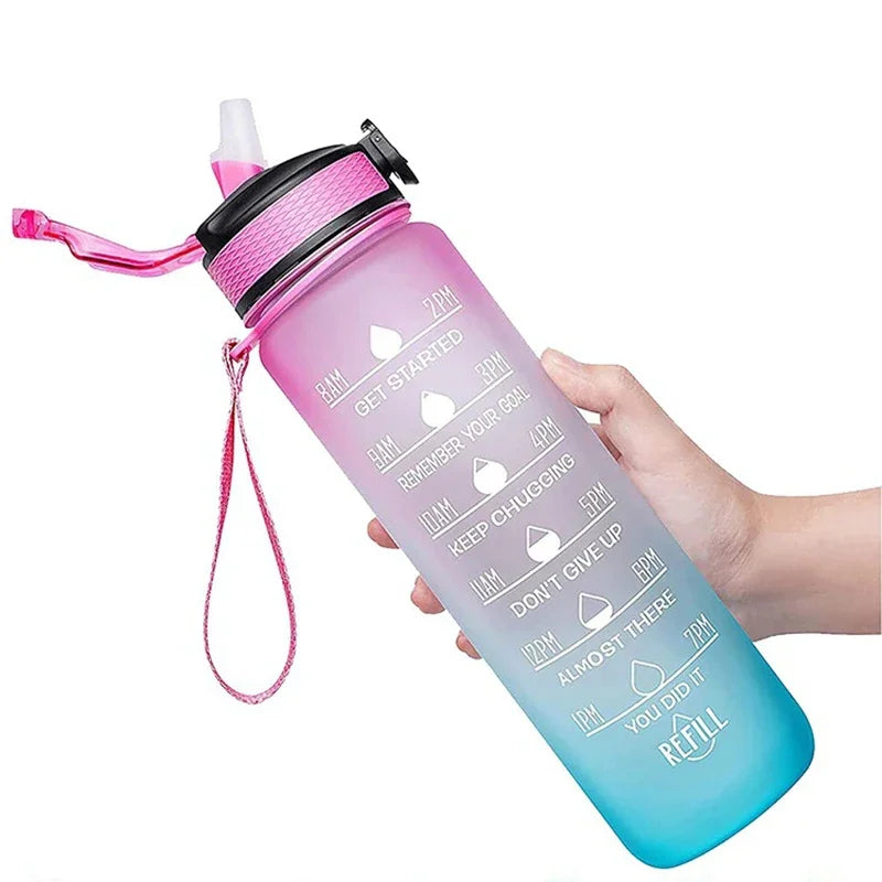 1L Sports Water Bottle Straw Cup 1 Litro with Time Maker Leak-Proof BPA Free Frosted Cup for Outdoor Sports Drinking Bottle
