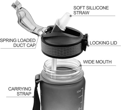 1L Sports Water Bottle Straw Cup 1 Litro with Time Maker Leak-Proof BPA Free Frosted Cup for Outdoor Sports Drinking Bottle